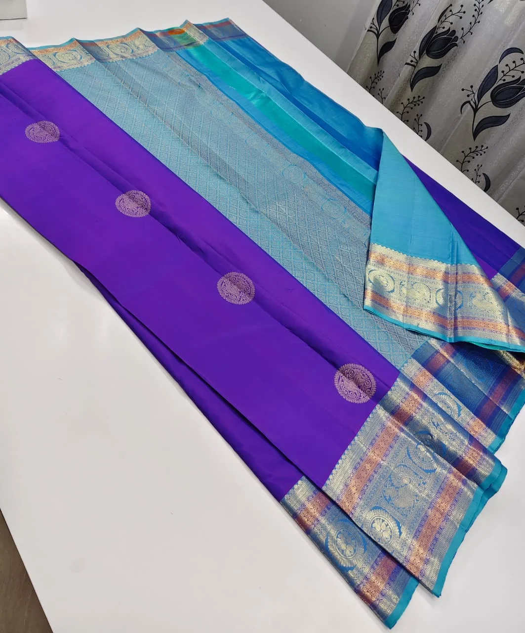Pure Kanchipuram Pattu Silk Saree in Purple & Sky Blue